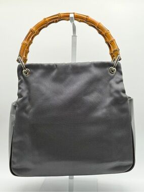 VINTAGE 90s GUCCI Muted Metallic Black Nylon Bamboo Tote Bag- Model 000-1014.